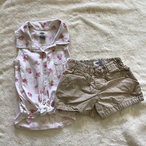 🌸 Girls Size 4T Outfit – Old Navy Khaki Shorts + Floral Button-Up Top